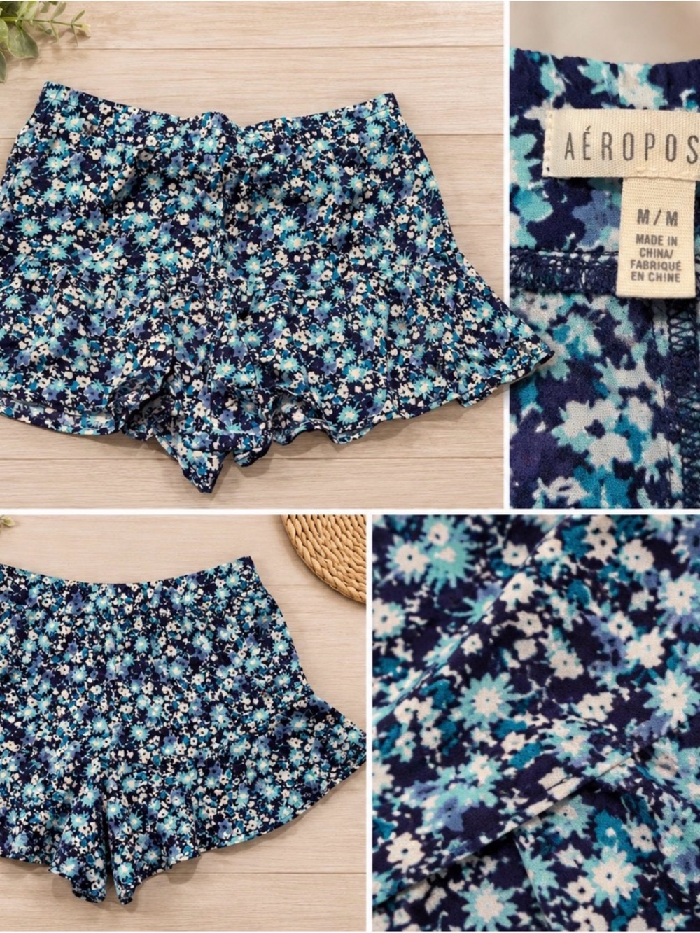 Aeropostale Navy and Teal Floral Ruffle-Hem Women's Shorts